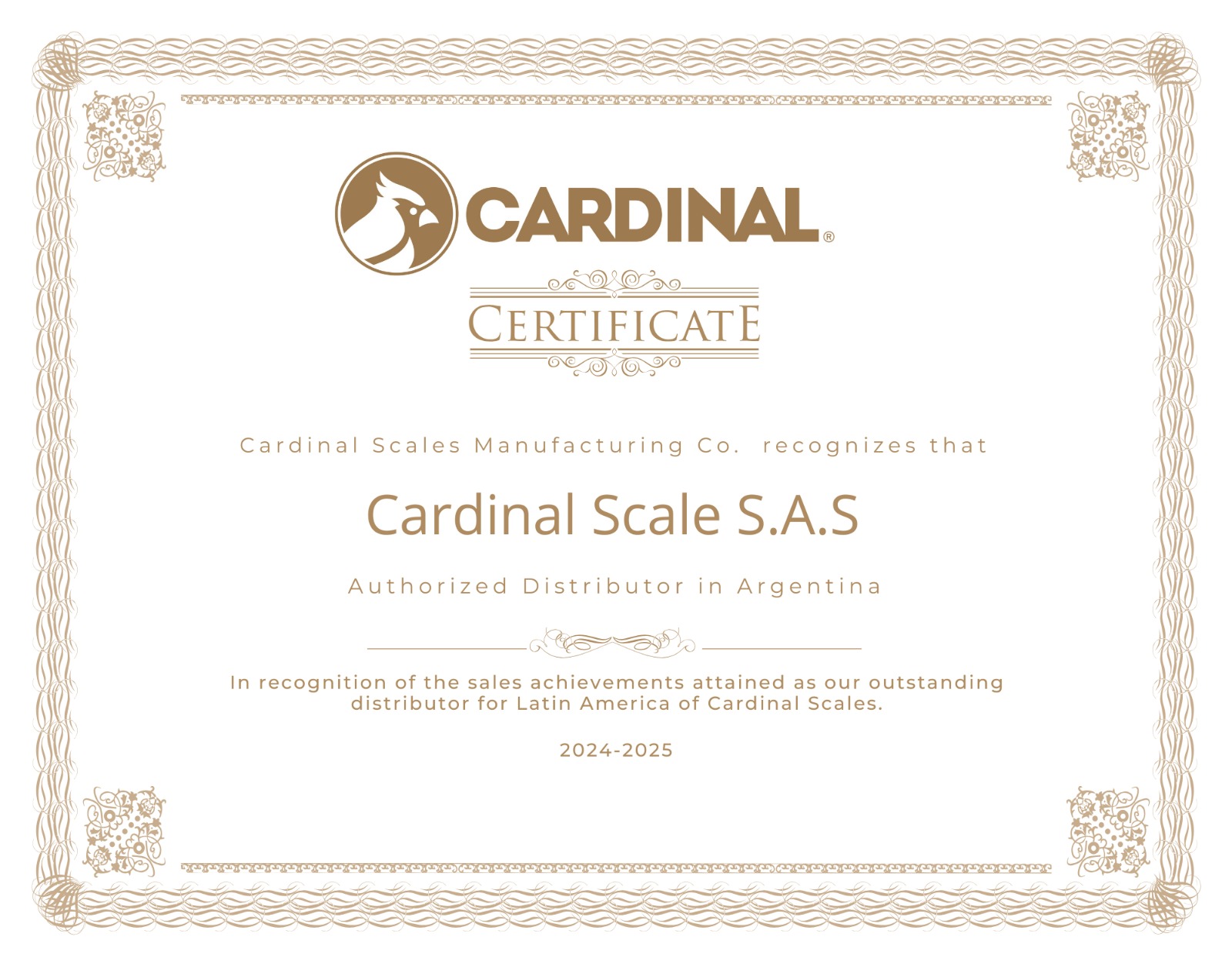 Certificado oficial de representación Cardinal Scale Argentina